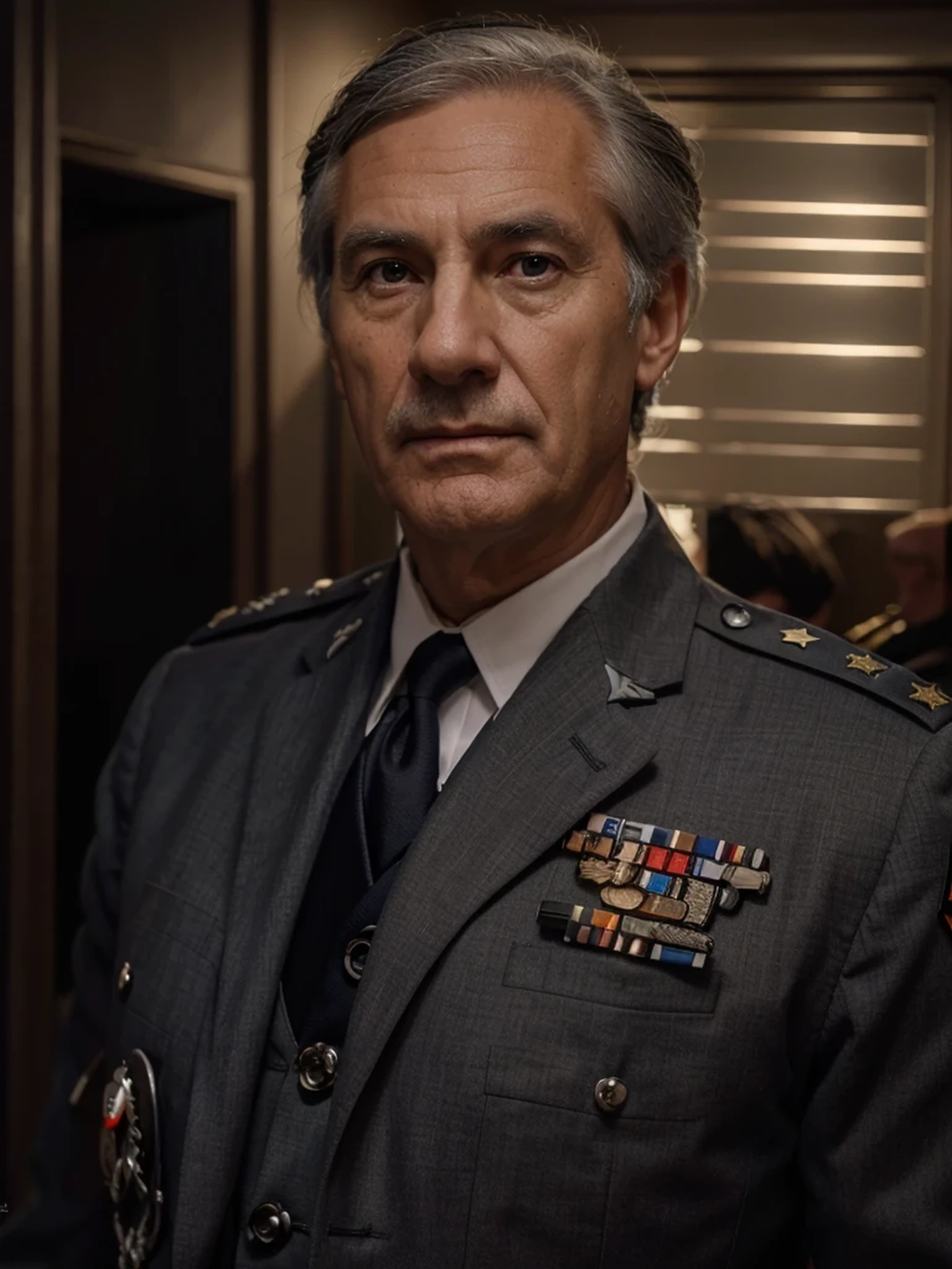 military old man, mature british old man masculine face serious expression, he only has hair on the sides, gray hair, he wears a dark blue officer's uniform, medals on his uniform, he is inside a military office of a general, Ultra detailed, hyper-realistic , 4k, Ultra detailed image, realistic, Highly detailed, perfect composition, Splendid, Intricately detailed, Incredibly detailed, 8K fine art photography, hyper detailed, Masterpiece, Ultra detailed, hyperrealistic, 4k, Ultra detailed image, realistic, highly detailed, perfect composition, gorgeous, intricately detailed, incredibly detailed, 8K fine art photography, hyper detailed, masterpiece