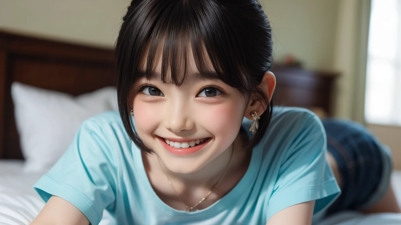 ((Neat and clean elementary school girl)), (小さいpeople), ((slim, small breasts, flat chest, small breasts)), short black hair, that'realistic, detailed, fine skin texture, 超detailed, delicate and sexy clavicle, shy smile, 超detailedな顔, detailedな唇, fine eyes, ((12 year old girl))、delicate eyebrows、((short neck))、((baby face))、プロphoto shoot、((looking at the viewer))、studio photography、people々photo shoot、horizon studio、Professional Ritinini Dress)),((No bra)),((not wearing makeup))with bungeshi hair),(Japanese style room),((Sitting straight on the tatami:1.2)),
