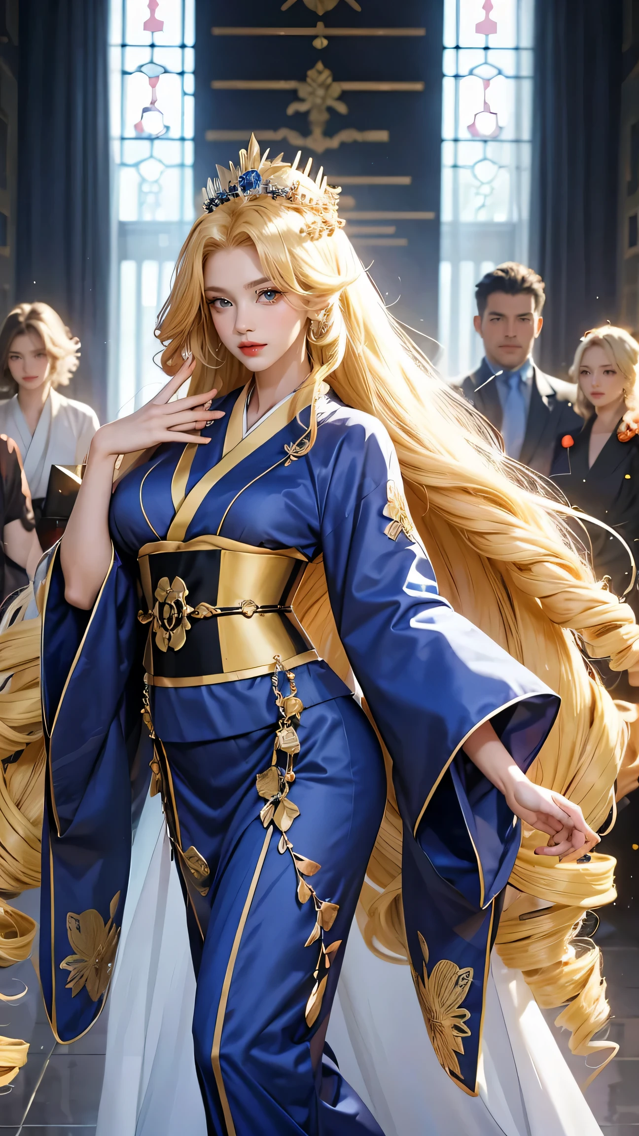 a woman in kimono, 1girl, drill hair, long hair, blonde hair, gradient hair, yellow eyes, solo, huge , big hair, blue hair, tiara, divine goddess, looking at viewer, indoors, royal palace, sexy po dynamic pose, astraea