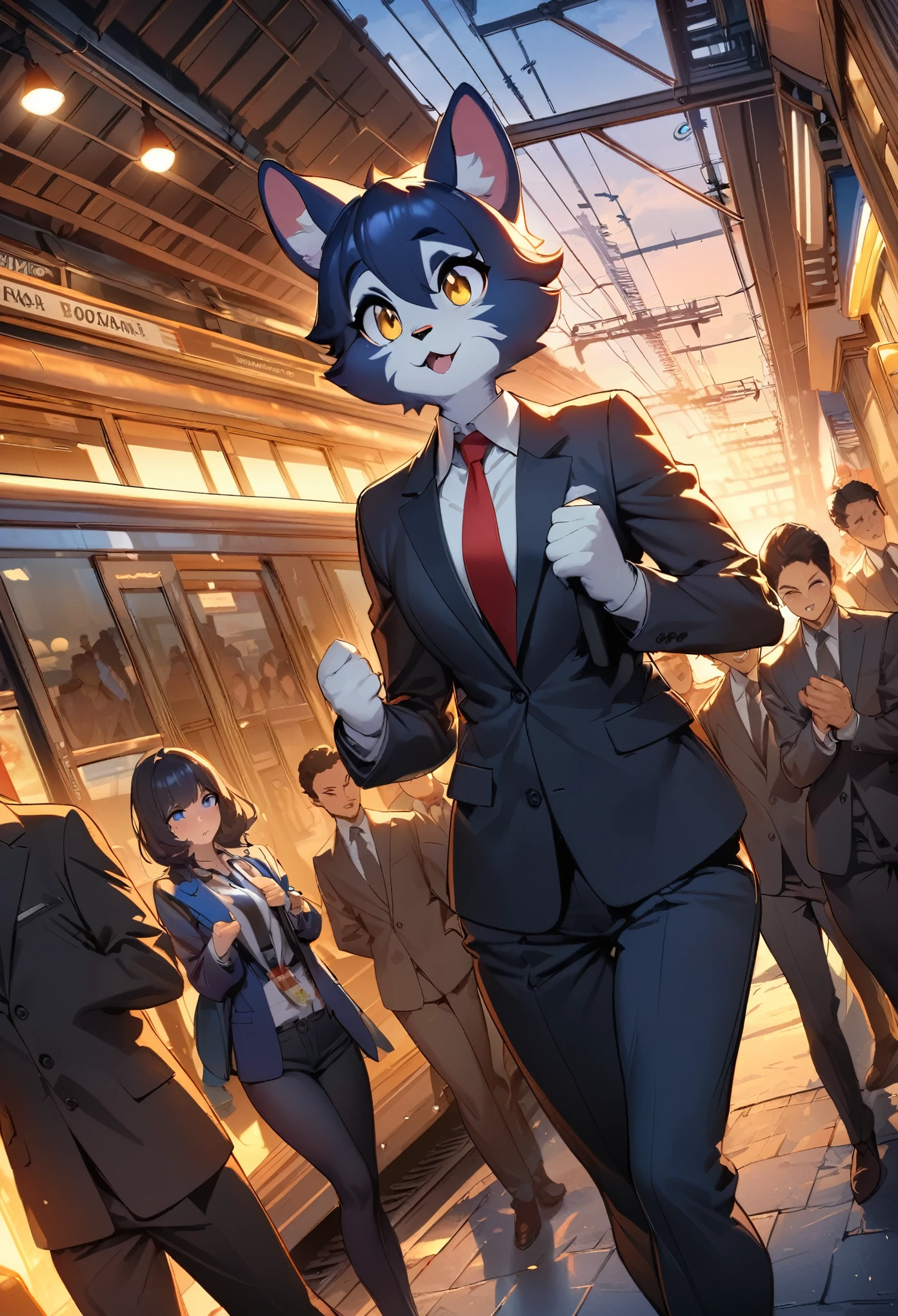 top quality, best quality, High-quality illustrations, masterpiece, super high resolution, detailed background, station, train, station shop, student, salary, suits, evening, 6+boys, 6+girls, absurdres(highly detailed beautiful face and eyes)perfect anatomy, expression, good lighting, good cinematic shadow(kemono, furry anthro)assorted poses, dynamic angle,