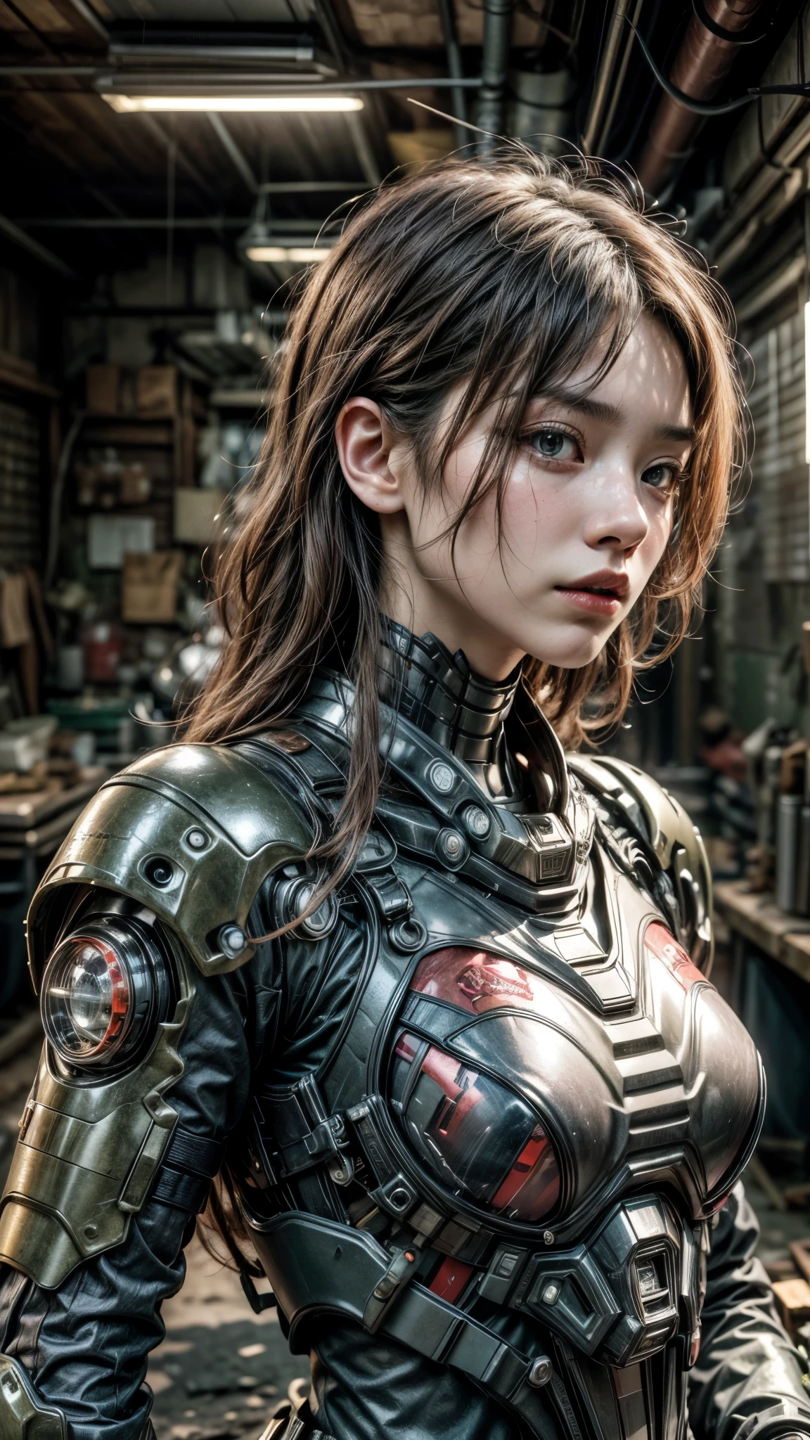 (Masterpiece, Best Quality, photorealestic:1.4), , (UHD, 8k wallpaper, High Resolution), japaness girl as a cyborg soldier in a cyborg military uniform with an M16 in her hands, dusty bodywork, dirty brown hair, dusty face, very tight musculature, dynamic pose, sharp expression. Against the backdrop of a ruined New York City, dressed in red black cyborg military uniforms with crimson trim, Oppressive atmosphere, postapocalypse, photon mapping