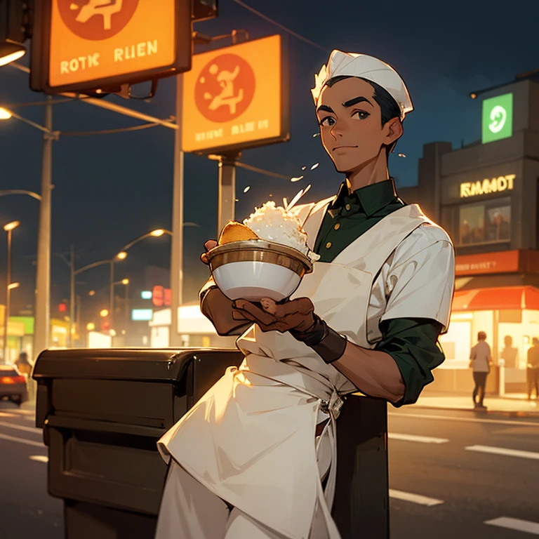 28-year-old tan-skinned man selling rice pudding at traffic lights