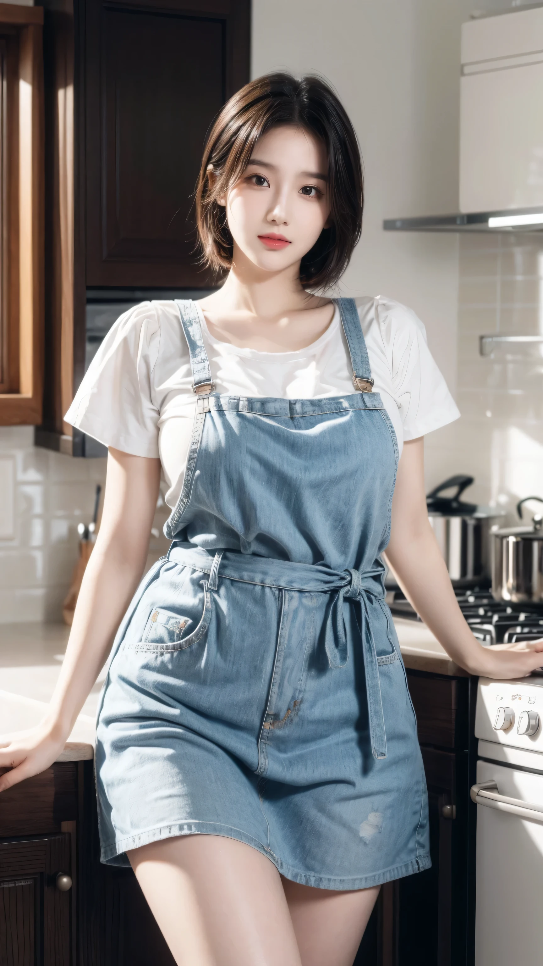 Close-up portrait of a girl, Bob, apron, amazing body, Obvious feminine features, plump, kitchen, [Ash Gold | ginger | Pink Hair], freckle, Flirting with the camera