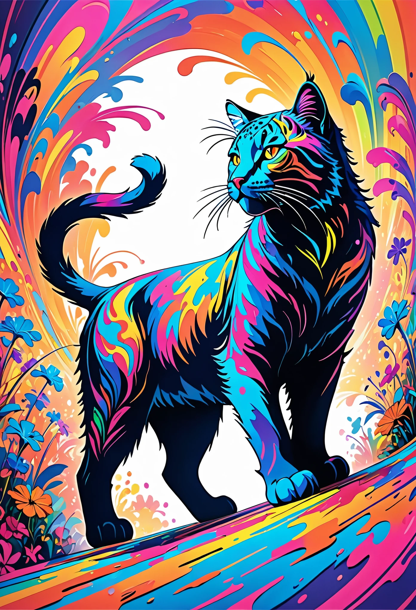 (((Energetic))) Abstract pictures, 2D Flat Ornate Sketch, Psychedelic, Gorgeous, Gorgeous, Gorgeous, Pop-up Art, big cat 😺 silhouette, Full coverage neon colorful paint, painted, Dynamic Dutch angle