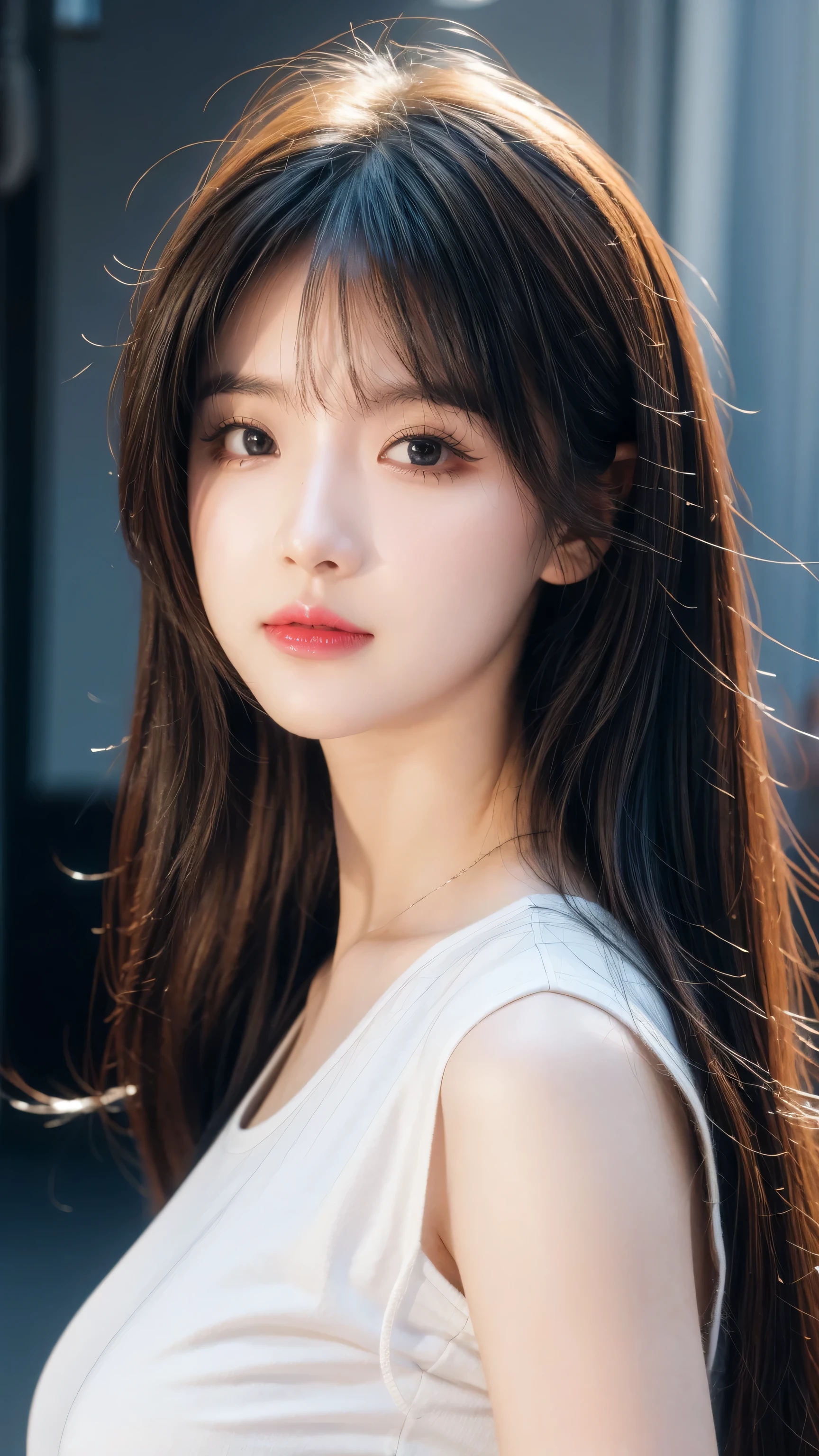 Asia, fair, slim, Lovely, 30 seconds, fair Face, fair Skin, actor, Mature, Upper Body, Light brown hair, Fine hairs, Live Recording, masterpiece, best quality, Very elaborate CG Unity 8K wallpaper, Ultra HD, Casual fashion, light, Summer Fashion, (Natural brown hair: 0.8), (Puffy eyes), Look at the audience, turn around, Bleaching hair, Model pose, White background, Delicate skin, Light curly hair, Hands around mouth, White T-shirt, Hair model photo