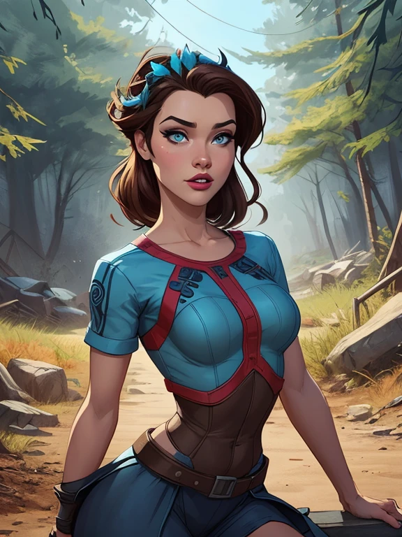 Personagem mulher estilo atompunk Fallout 4 Rainha Anna de Arendelle com marcas de guerras Imagem de desenho animado de uma mulher .Ilustra??o estilo desenho animado, estilo de arte dos desenhos animados, estilo de arte dos desenhos animados, digital illustration style, estilo atompunk design de personagens altamente detalhado, arte digital detalhada coragem, Forest fan art, Design de personagens de retrato, beautiful digital illustration, retrato de alta qualidade, Arte em quadrinhos, mulher jovem cabelo com transas lindas . Queen Anna of ArendelleBeautiful lined eyes Medium large bust and wonderful sexy clothes. image expression of sexual desire from waist to head illustration Queen Anne of Arendelle atompunk style Fallout 4