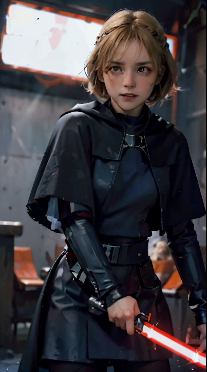 A cute  girl, short bobcut blonde braided hair, bang, evil grin, sinister, pale skin, sith lord from star wars, wearing dark armor, black cape, coat dark aura. fighting pose, cowboy shot, Ultra high res, uhd, (photorealistic:1.4), lighting from below, wielding a red lightsaber