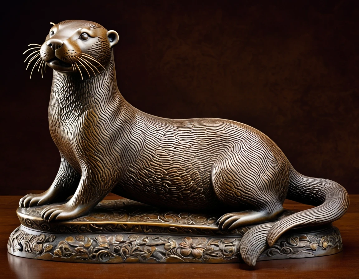 Bronze Statue, water otter, traditional pattern, bronze sculpture, detailed craftsmanship, intricate designs, realistic texture, lifelike portrayal, fine details, masterful artistry, high-res depiction, stunning lighting, vibrant colors, dynamic composition, traditional motifs, cultural heritage, artistic expression, rich symbolism, sculptural beauty, flawless execution, distinctive patina, artistic precision, flowing lines, expert techniques, stunning craftsmanship, remarkable intricacy, unique art form, exquisite artistry, cultural significance, timeless masterpiece, meticulous attention to detail, authentic representation, historical inspiration, impressive artistry, captivating aesthetics, visual storytelling, expertly rendered, traditional craftsmanship, iconic sculpture, symbolic motifs, refined elegance.
