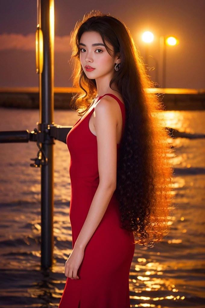 (best quality, masterpiece:1.2), 18 year old girl, Wearing a red dress, at the seaside, night light, realistic face, Perfect body, good anatomy, perfect face, curly long hair, black hair, photorealism, Super detailed, high quality, Posing for photos, Sexy