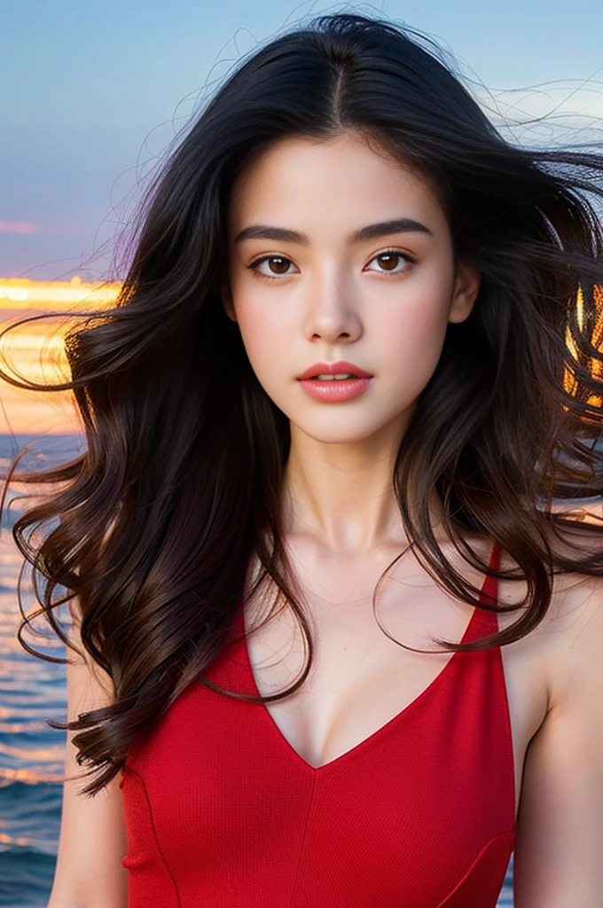 (best quality, masterpiece:1.2), 18 year old girl, Wearing a red dress, at the seaside, night light, realistic face, Perfect body, good anatomy, perfect face, curly long hair, black hair, photorealism, Super detailed, high quality, Posing for photos, Sexy