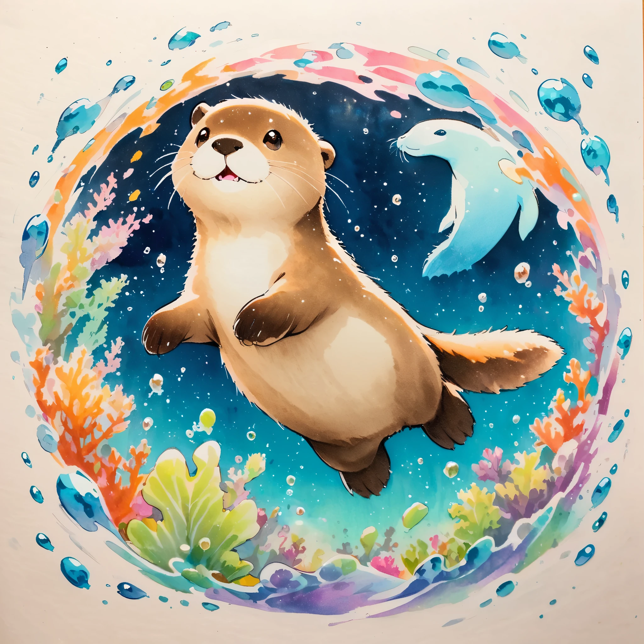1 Diving Otter,traditional media,look up,Undersea background ,(Otter details) ,( Solitary)