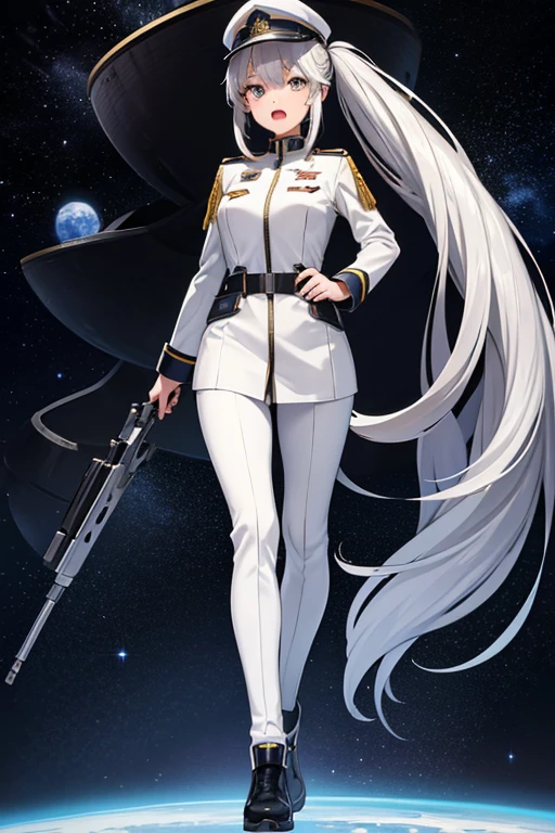 Anime Art、Full body portrait、Space SF soldiers、A woman around 35 years old, standing upright, about 170cm tall, wearing a silver military uniform、Open mouth and screaming、Straight long silver hair、Silver Eyeilitary bootilitary cap