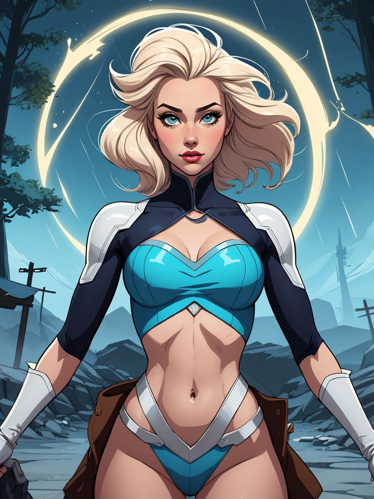 (best quality,ultra-detailed,realistic:1.37) ,superhero,woman,steel bikini,blonde hair,medium-sized breasts, red eyes , controling gravity ,floating,blue cap,muscular physique,vivid colors,strong lighting,hint of wind,energy aura,combat pose,graceful movement,dynamic background