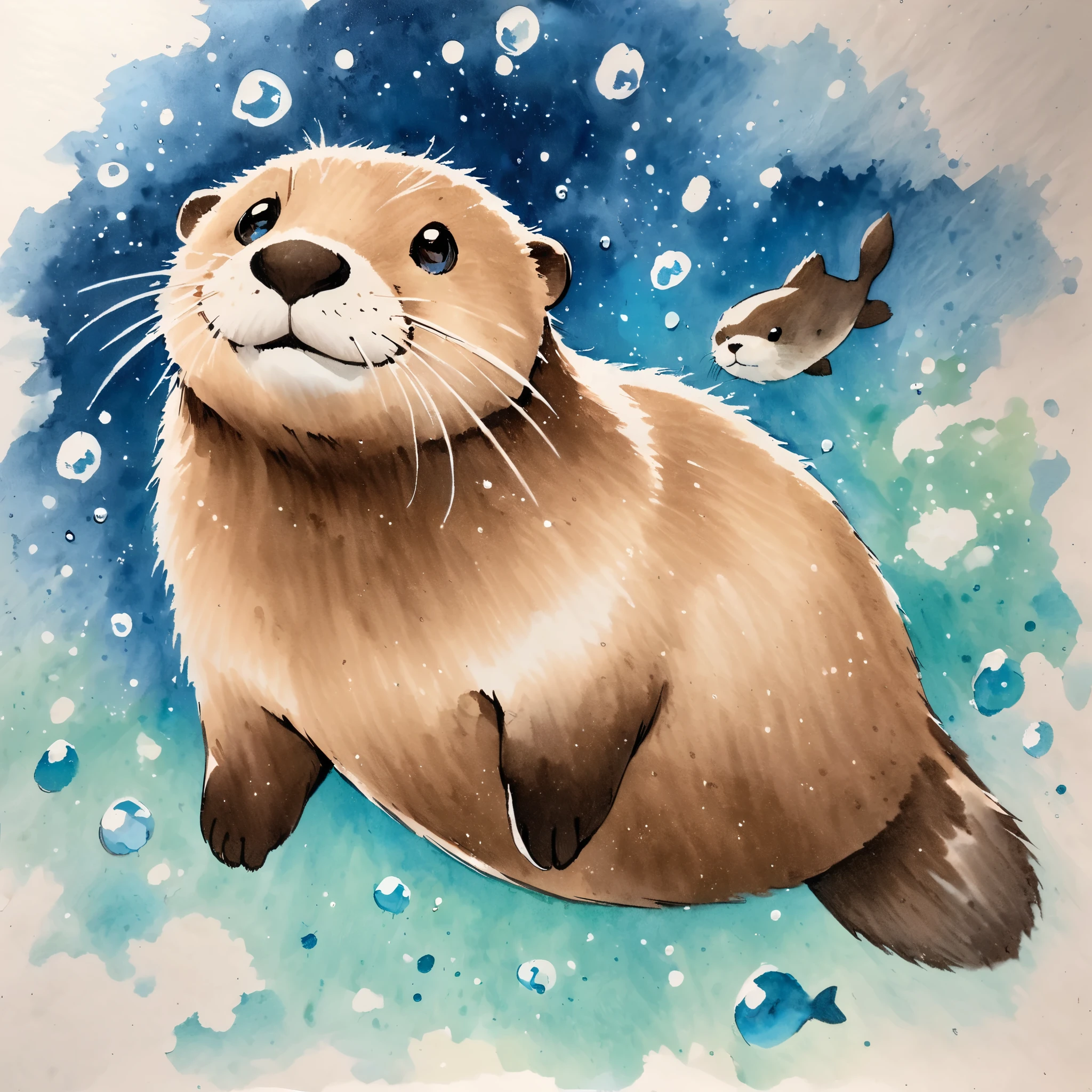 1 Diving Otter,traditional media,look up,Undersea background ,(Otter details) ,( Solitary)