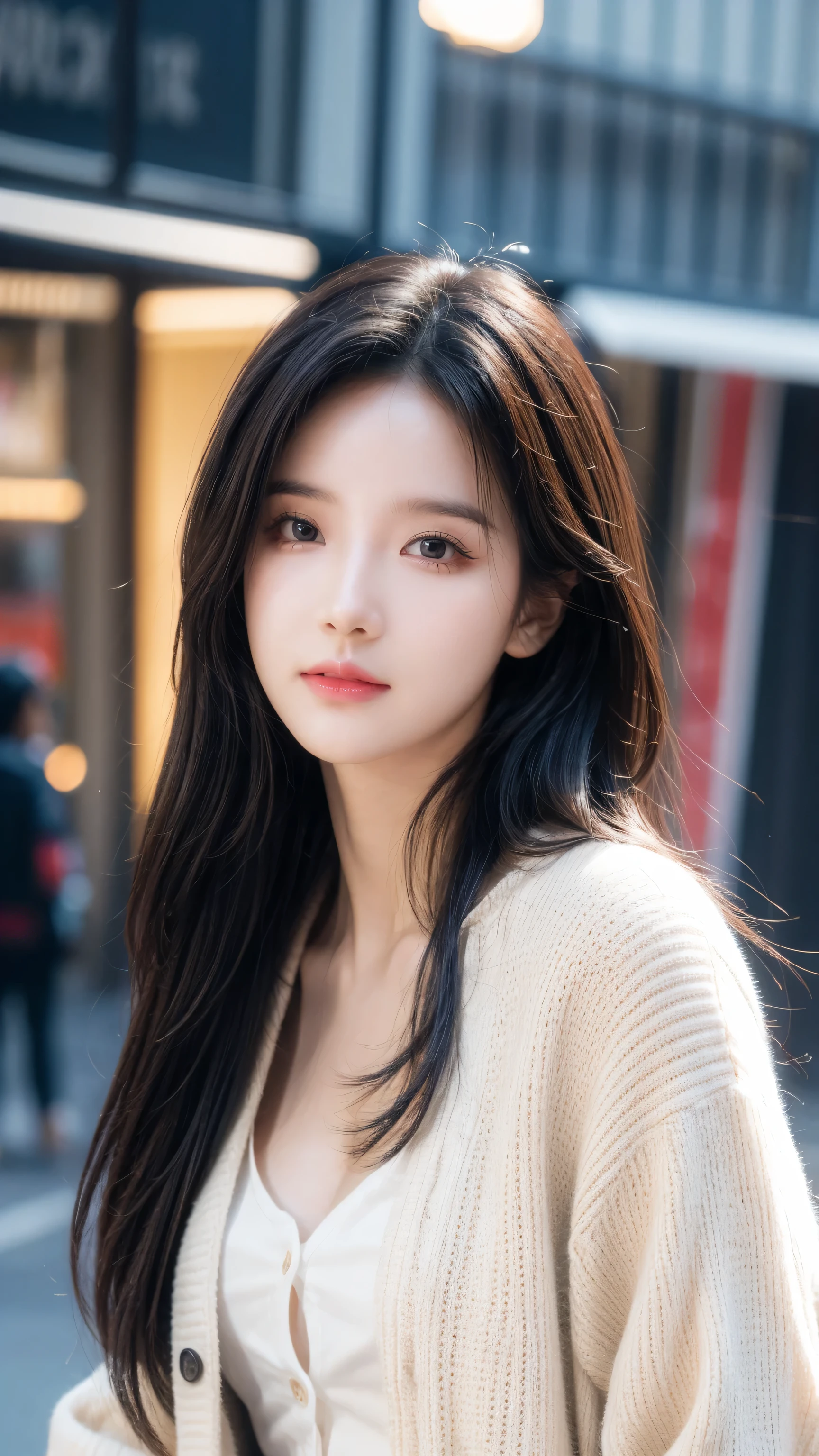 masterpiece, best quality, Ultra-high resolution (Reality: 1.4), original photo, 35mm lens, Aperture F1.4, Movie Posters, Light and Shadow, A girl, Wearing a white cardigan, Black long hair, Real skin, (Skin details: 1.3),
