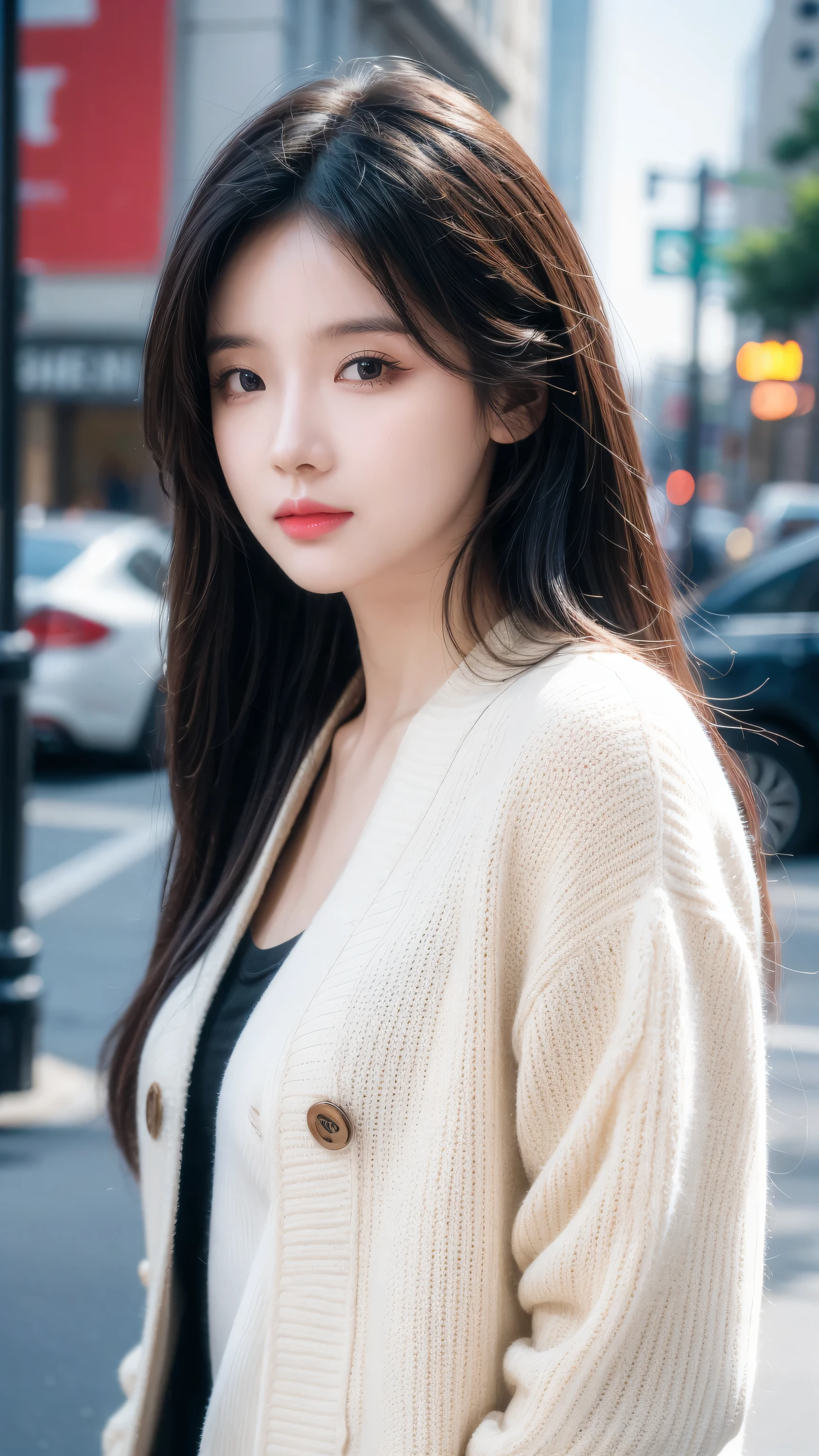 masterpiece, best quality, Ultra-high resolution (Reality: 1.4), original photo, 35mm lens, Aperture F1.4, Movie Posters, Light and Shadow, A girl, Wearing a white cardigan, Black long hair, Real skin, (Skin details: 1.3),