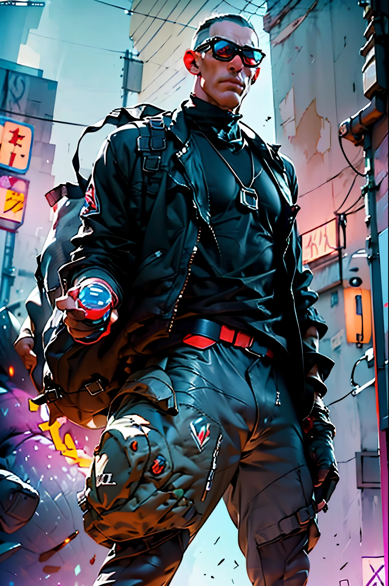 ((best quality)), ((masterpiece)), (very detailed body and face:1.3), 3D, Beautiful (cyberpunk:1.3) Beautiful young man with hair shaved on the sides and a petrol blue mohawk, VERY DETAILED AND BRIGHT, ((with weapons in his hands) ), (((futuristic Mad Max movie style background))), (((pink and cyan neon lights at night))), night image, at night, 32k