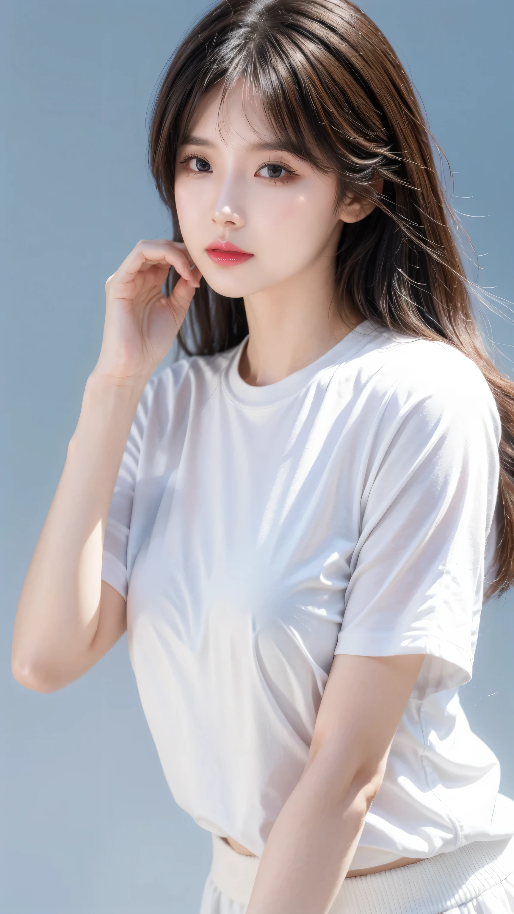 Asia, fair, slim, Lovely, 30 seconds, fair Face, fair Skin, actor, Mature, Upper Body, Light brown hair, Fine hairs, Live Recording, masterpiece, best quality, Very elaborate CG Unity 8K wallpaper, Ultra HD, Casual fashion, light, Summer Fashion, (Natural brown hair: 0.8), (Puffy eyes), Look at the audience, turn around, Bleaching hair, Model pose, White background, Delicate skin, Light curly hair, Hands around mouth, White T-shirt, Hair model photo