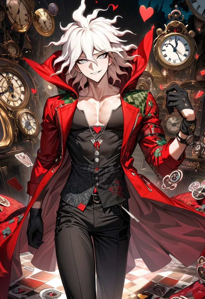 Ultra detailed, highres, absurdres, HDR, Komaeda Nagito, white hair, silver eyes, Danganronpa, red long coat, black tight shirt with patterns, clock, gear, in wonderland, heart cards, sexy man, solo, handsome, very detailed face and eyes, black gloves, black pants, toned chest, smirking