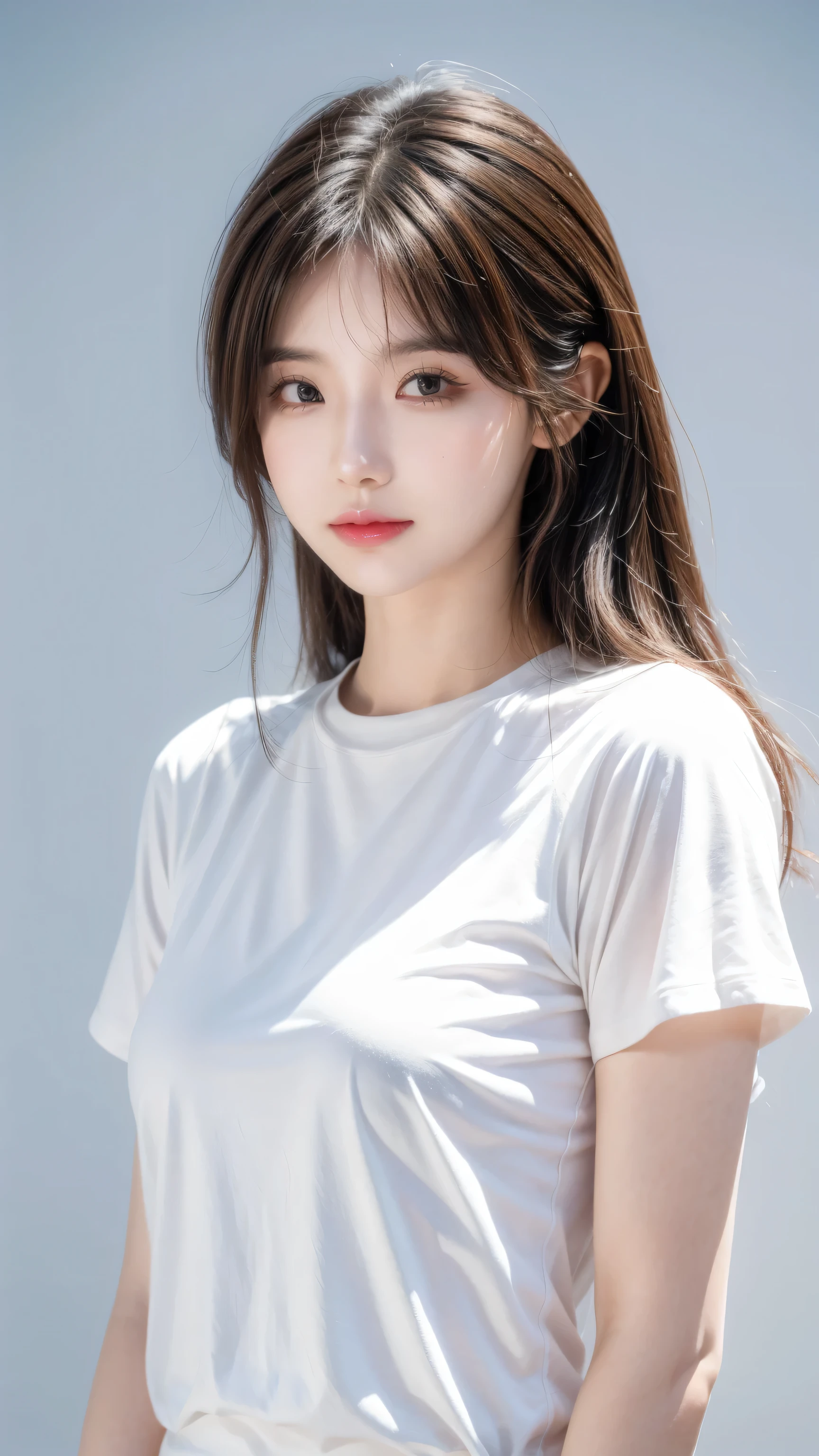 Asia, fair, slim, Lovely, 30 seconds, fair Face, fair Skin, actor, Mature, Upper Body, Light brown hair, Fine hairs, Live Recording, masterpiece, best quality, Very elaborate CG Unity 8K wallpaper, Ultra HD, Casual fashion, light, Summer Fashion, (Natural brown hair: 0.8), (Puffy eyes), Look at the audience, turn around, Bleaching hair, Model pose, White background, Delicate skin, Light curly hair, Hands around mouth, White T-shirt, Hair model photo
