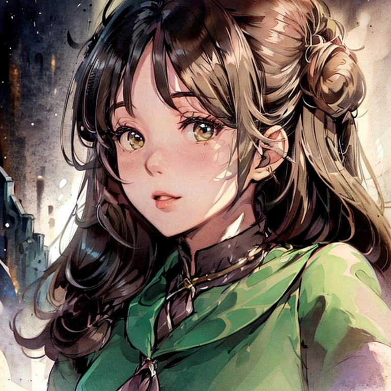 light brunette, perfect face, doe eyes, brown eyes, straight hair, black hair, long hair, plump lips, cheeks, pink lips, long eyelashes, Slytherin uniform, Harry Potter