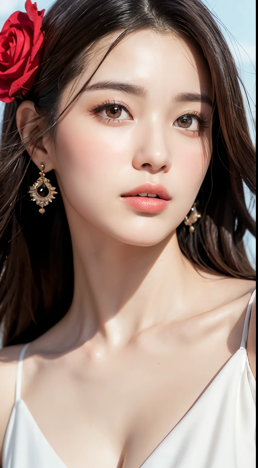 Mustem, top quality, illustration, ultra high definition, fine details, high resolution, 8k wallpaper, Complete dynamic configuration, beautiful and delicate eyes, wearing an elegant dress, Naturally colored lips, Beach, random cute pose, perfect and beautiful face , cute, sexy face, feminine face, Rich rose flower field