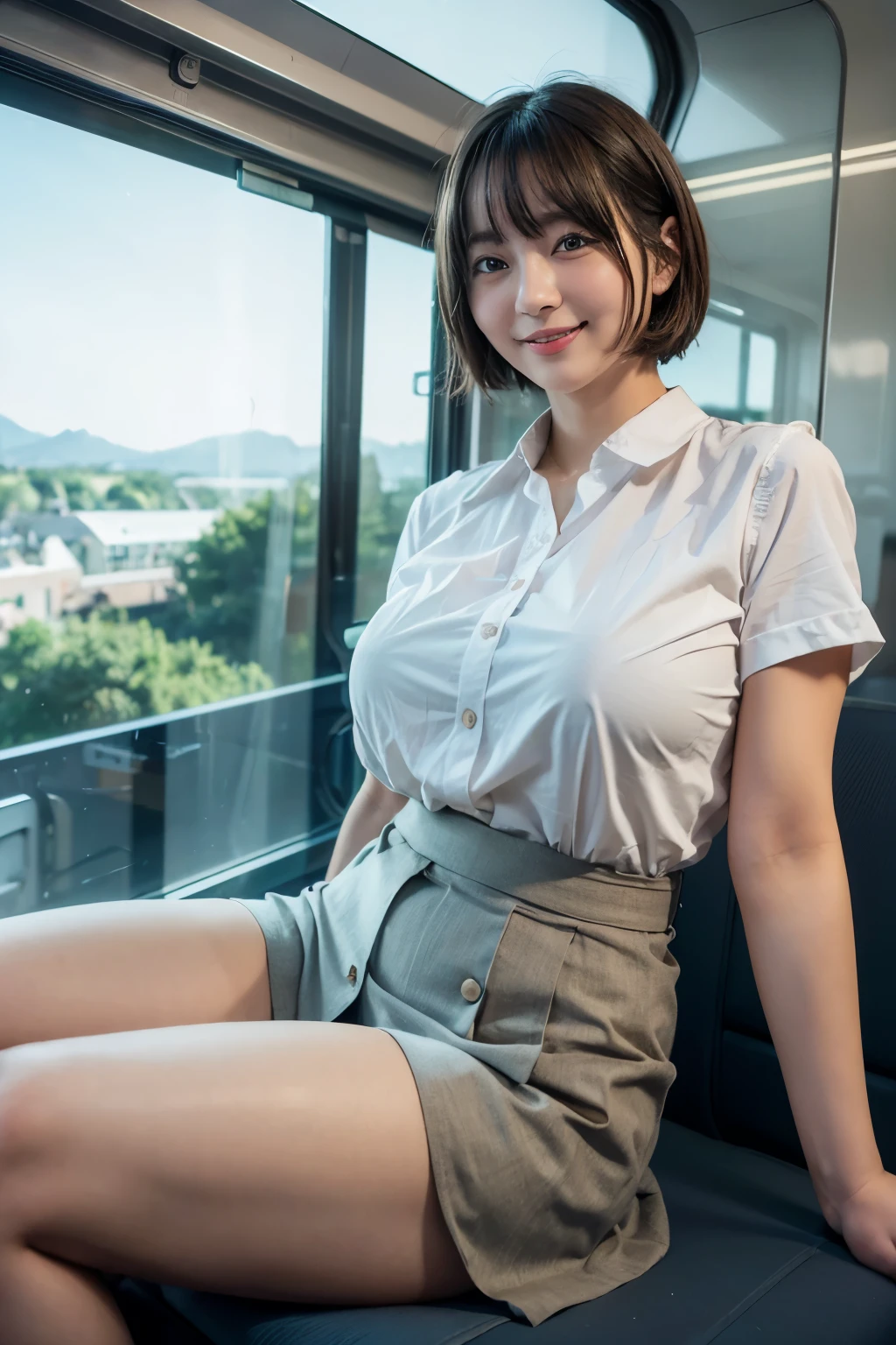 highest quality, masterpiece, Ultra-high resolution, (Reality: 1.4), Original photo, One girl, mature, White JK Uniform, happy smile, short hair,  gigantic chest , plump body, button gap:1.35, sitting on seat in train, open legs:1.5, Cinema Lighting, Landscape sheet, The view from the train window