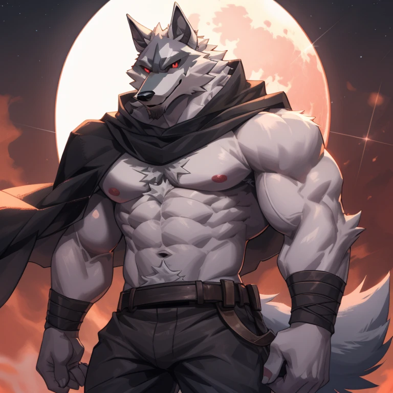 death wolf,Werewolf,male,aldult,Solitary,4K,best quality, whole body,Looking at the audience,slim, Show muscles,hairy body,The upper body is exposed,Bare chest,Hairy chest, (muscular, Athlete&#39;s physique:1.0), Pink nipples, Six-pack abs, Biceps, Anatomically correct,Delicate fur,pride,Soft shadows,majestic,Delicate face,High quality eyes,Red Eyes,Eyes sparkling,Sharp eyes,Magnificent,brave,Black pants,Black cape, ,Brown Belt:1.1,smile confidently,Strong,Mature,simple night background,moon，Mecha