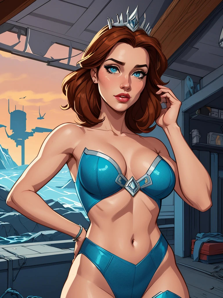 Personagem mulher estilo atompunk Fallout 4 Rainha Anna de Arendelle com marcas de guerras Imagem de desenho animado de uma mulher .Ilustra??o estilo desenho animado, estilo de arte dos desenhos animados, estilo de arte dos desenhos animados, digital illustration style, estilo atompunk design de personagens altamente detalhado, arte digital detalhada coragem, Forest fan art, Design de personagens de retrato, beautiful digital illustration, retrato de alta qualidade, Arte em quadrinhos, mulher jovem cabelo com transas lindas . Queen Anna of ArendelleBeautiful lined eyes Medium large bust and wonderful sexy clothes. image expression of sexual desire from waist to head illustration Queen Anne of Arendelle atompunk style Fallout 4 pose style playboy magazine