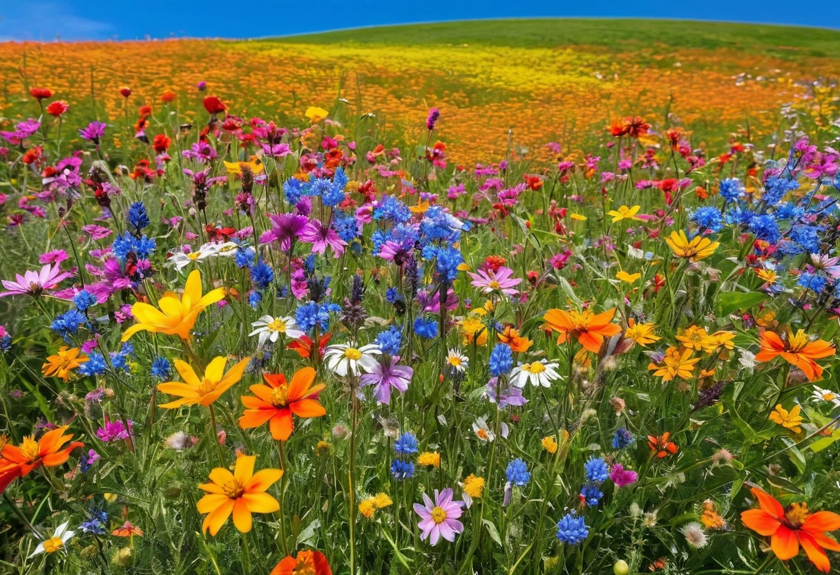 There are many different colored flowers blooming in the fields., Blue sky in the background、A big flower in front、Wildflowers, Meadow flowers, Wildflowers, Flower meadow,