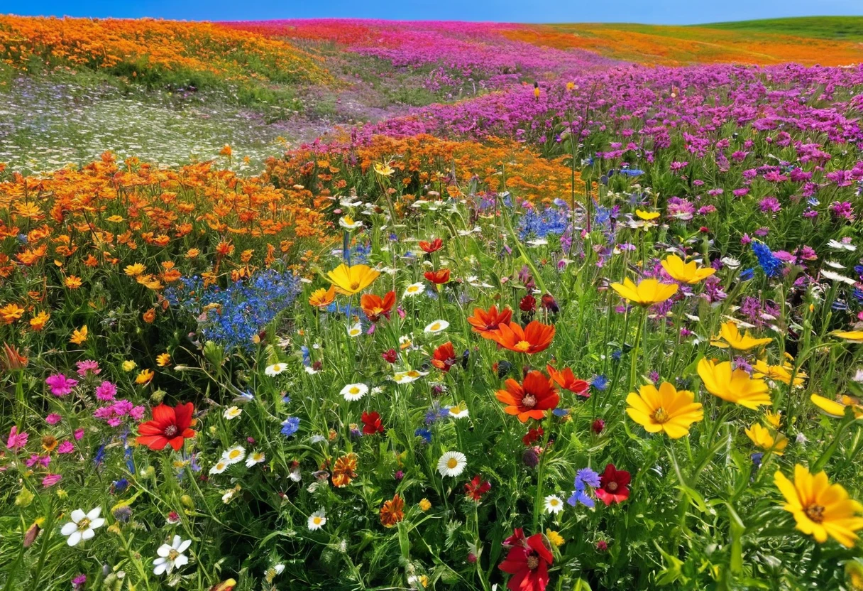 There are many different colored flowers blooming in the fields., Blue sky in the background、A big flower in front、Wildflowers, Meadow flowers, Wildflowers, Flower meadow,