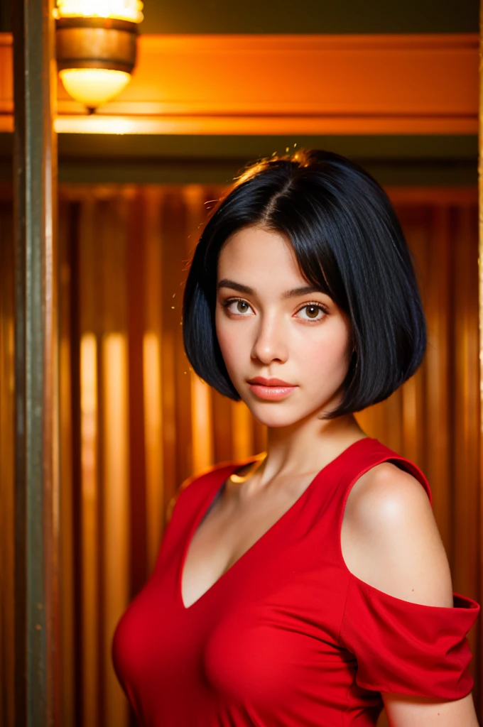 (best quality, masterpiece:1.2), 18 year old girl, Wearing a red dress, at the seaside, night light, realistic face, Perfect body, good anatomy, perfect face, short hair, black hair, photorealism, Super detailed, high quality, Posing for photos, Sexy