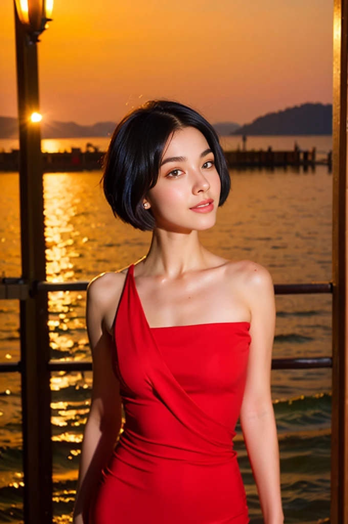 (best quality, masterpiece:1.2), 18 year old girl, Wearing a red dress, at the seaside, night light, realistic face, Perfect body, good anatomy, perfect face, short hair, black hair, photorealism, Super detailed, high quality, Posing for photos, Sexy