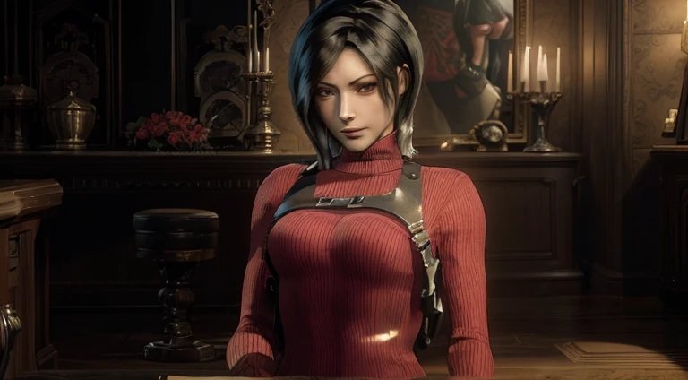 there is a woman in a red dress holding a gun, female rouge assassin, portrait of tifa lockhart, tifa lockhart portrait, tifa lockhart, beautiful female assassin, red and cinematic lighting, elegant cinematic pose, deviantart artstation cgscosiety, glamorous jill valentine, tifa lockheart, glamorous tifa lockheart, seductive tifa lockhart portrait