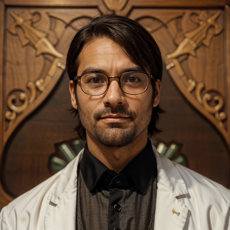 19th century doctor, man with glasses, cabelo curto castanho, barba castanha, Face with glasses, fundo cada antiga, sobretudo marrom, homem com pele clara.