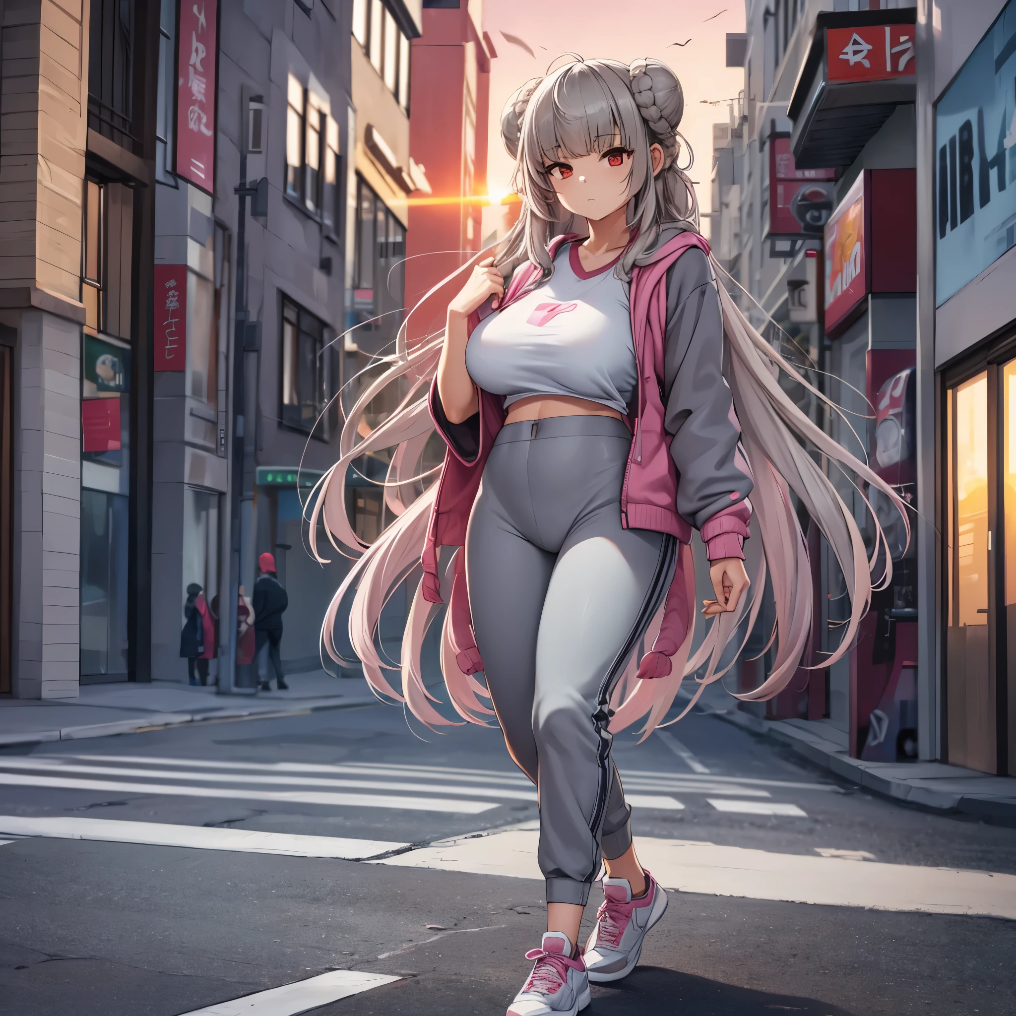 A woman wearing a gray sweatshirt with pink kanji writing, gray sports pants, long gray hair, red eyes, big breasts, kawaii face, walking on a sidewalk in a city at sunset, building in the background, blurred background,.HDR, masterpiece, well defined, ultra resolution, high quality, 8k HD. (just a woman, solo)
