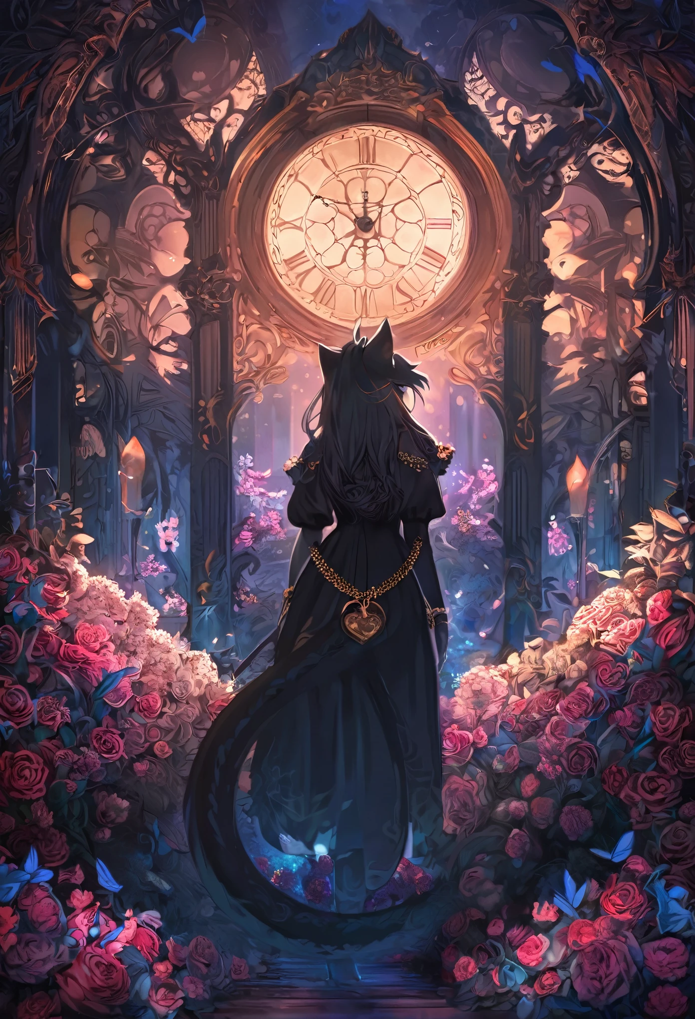 (best quality, high resolution, ultra-detailed)silhouett(kemono, furry anthro)holding striking pocket watch, surrounded by flowers, snakes and darkness, illustrative rendering, intricate details, mysterious atmosphere, vibrant colors, dynamic lighting , Gothic style,