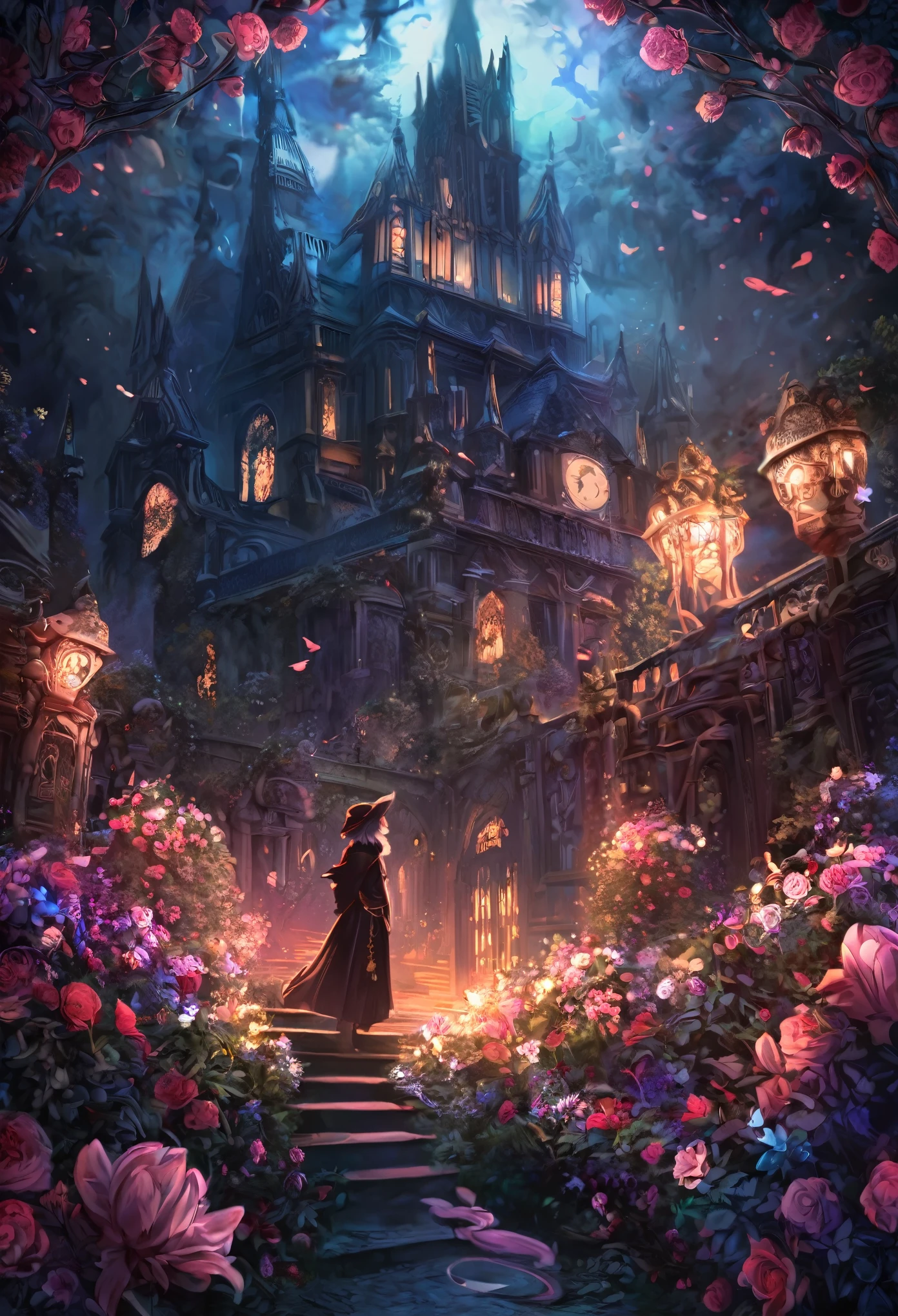 (best quality, high resolution, ultra-detailed)silhouett(kemono, furry anthro)holding striking pocket watch, surrounded by flowers, snakes and darkness, illustrative rendering, intricate details, mysterious atmosphere, vibrant colors, dynamic lighting , Gothic style,