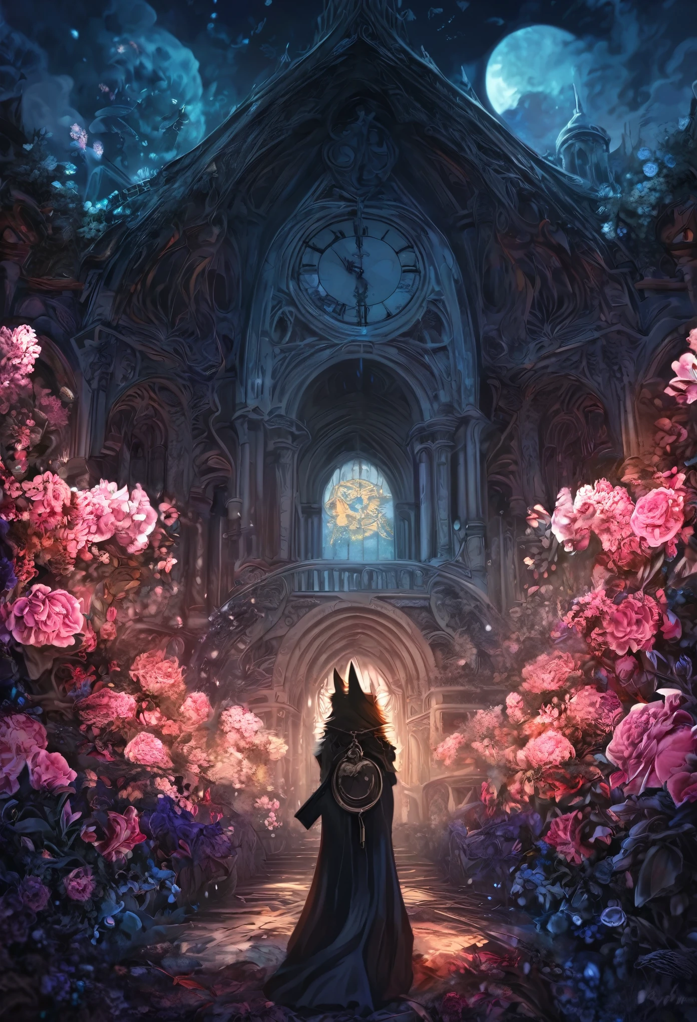 (best quality, high resolution, ultra-detailed)silhouett(kemono, furry anthro)holding striking pocket watch, surrounded by flowers, snakes and darkness, illustrative rendering, intricate details, mysterious atmosphere, vibrant colors, dynamic lighting , Gothic style,