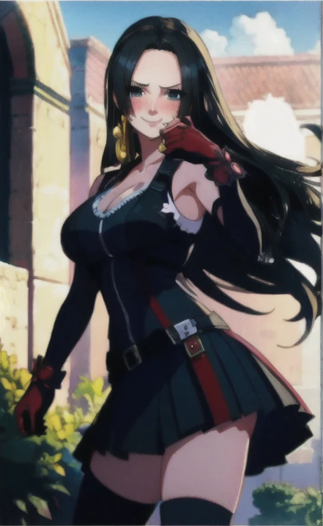 Close up of woman in short skirt and gloves, Large Breasts, Mature woman, blush, Smile, Characters in the Black Haired King of Fighters, guilty gear art style, Fighting Game Characters