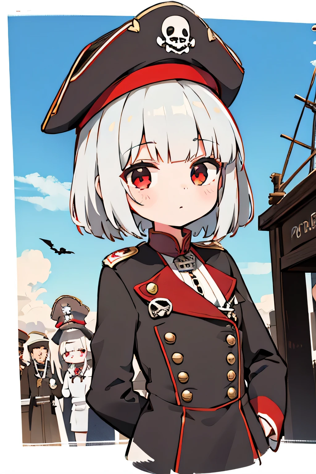 ray tracing,{best quality}, {{masterpiece}}, {highres}, original, extremely detailed 8K wallpaper, {an extremely delicate and beautiful},incredibly_absurdres,colorful,intricate detail, artbook, 1girl, solo, looking_at_viewer, upper_body, pirate girl, short white hair, small breast, normal hips, red eye, naval officer, pirate, dark red naval uniform, complex clothing, intricate detail, sunlight, pirate hat with skulls on the brazao