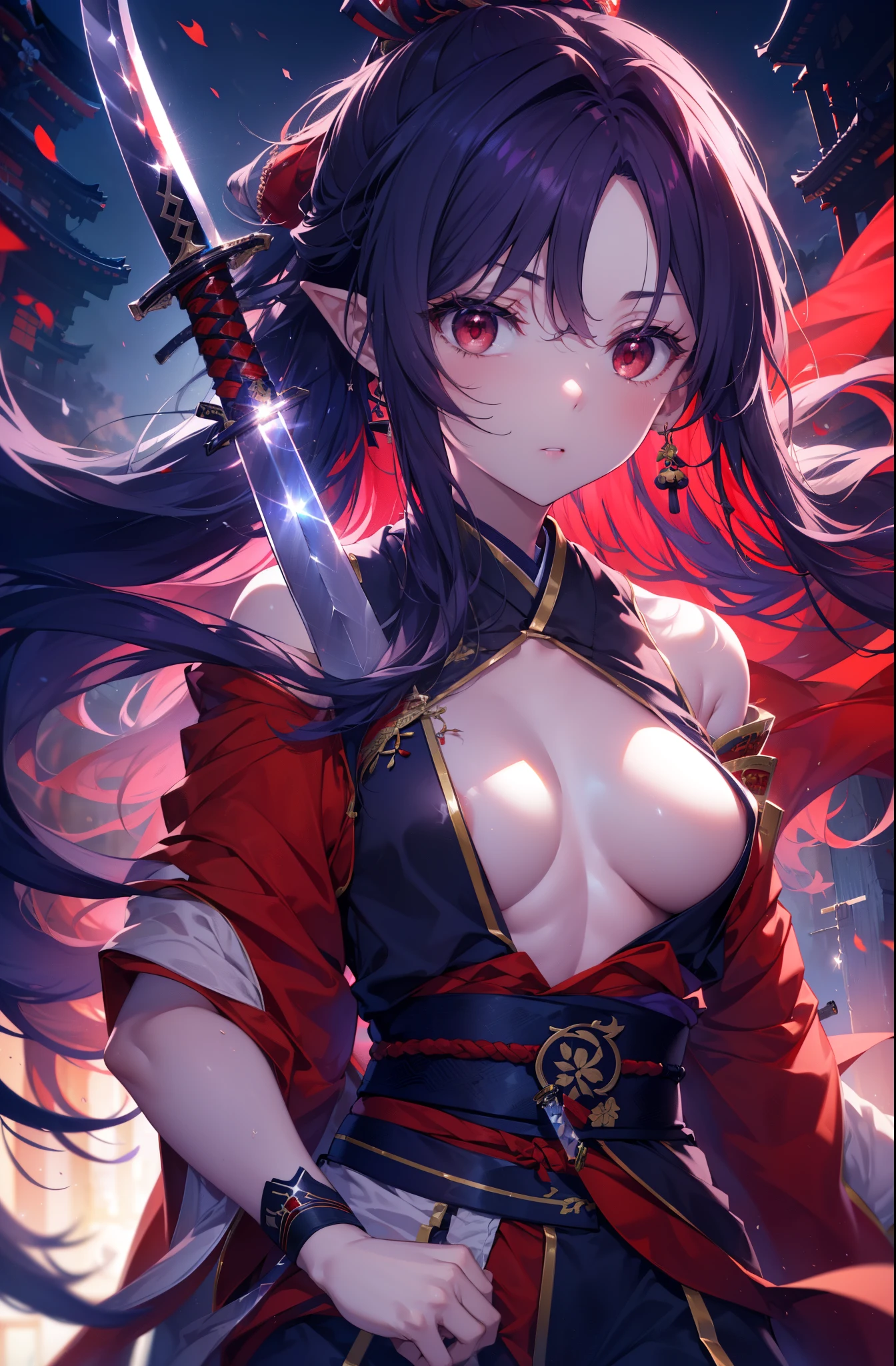 yuukikonno, Yuki Konno, hair band, long hair, pointed ears,ponytail, purple hair, (red eyes:1.5), (small breasts:1.2), open your mouth,red kimono,Purple too,white foot bag,grass sandals,(Japanese sword:1.2),(holding_Japanese sword:1.4)
break looking at viewer, Upper body, whole body,
break outdoors, medieval europe cityscape,
break (masterpiece:1.2), highest quality, High resolution, unity 8k wallpaper, (shape:0.8), (thin and beautiful eyes:1.6), highly detailed face, perfect lighting, Very detailed CG, (perfect hands, perfect anatomy),