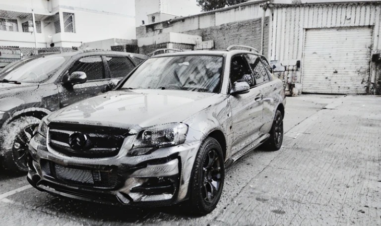 A photo taken by Alafud showing an SUV parked in a parking lot, monochrome Black and White, well edited, Granular low quality, monochrome hdr, grainy monochrome photo, Black and White monochrome, Mercedes, Low quality granular, Black & White, monochrome bw, grainy picture, Desaturate!!, monochrome:-2, grainy quality, author：Romain Brook