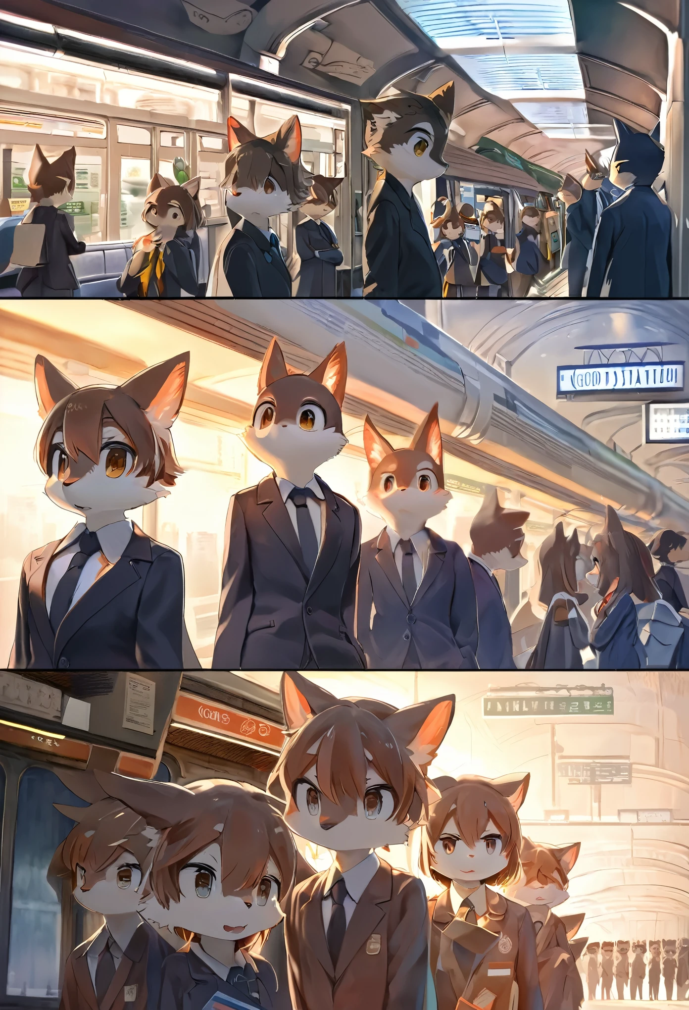 top quality, best quality, High-quality illustrations, masterpiece, super high resolution, detailed background, station, train, station shop, student, salary, suits, evening, 6+boys, 6+girls, absurdres(highly detailed beautiful face and eyes)perfect anatomy, expression, good lighting, good cinematic shadow(kemono, furry anthro)assorted poses, dynamic angle,