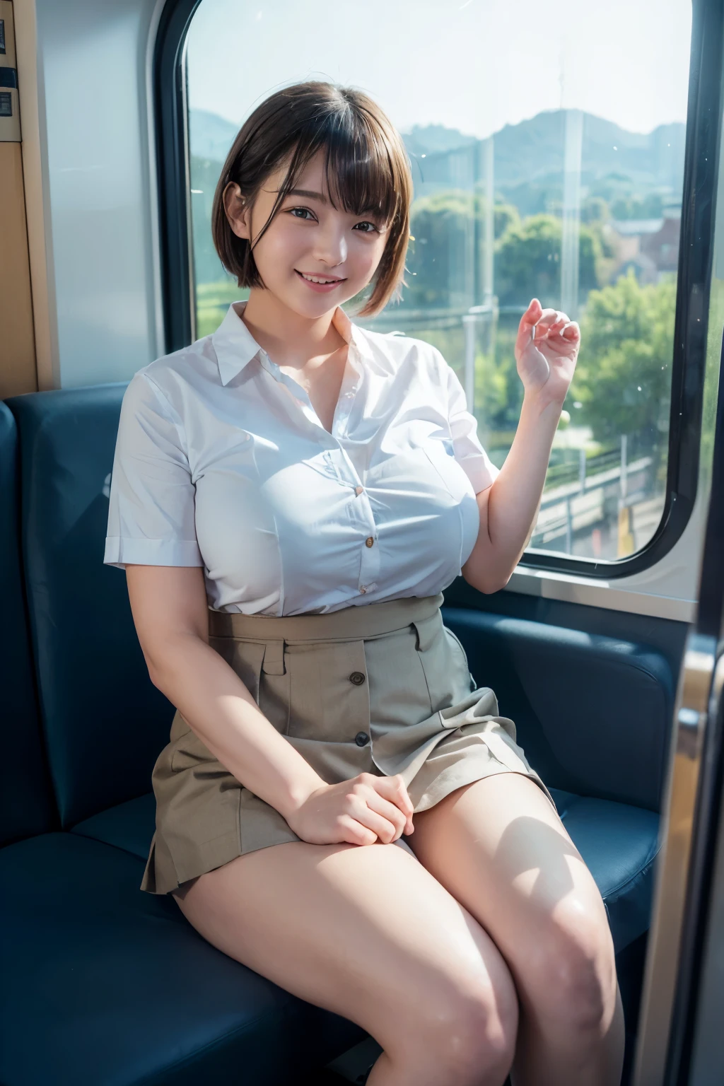 highest quality, masterpiece, Ultra-high resolution, (Reality: 1.4), Original photo, One girl, mature, White JK Uniform, happy smile, short hair,  gigantic bust, curvy body, button gap:1.35, sitting on seat in train, open legs:1.5, Cinema Lighting, Landscape sheet, The view from the train window