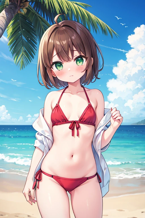 1girl,bikini,kinomoto sakura, solo, green eyes, brown hair, short hair, antenna hair, beach,palm tree,shiny, looking at viewer, flat chest,blush,pussy,wet clothes,crying face,high reg