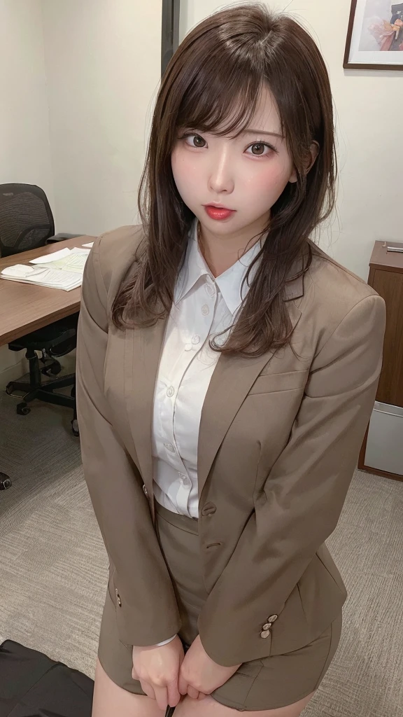 masterpiece, best quality, illustration, Super detailed, fine details, High resolution, 8K,wall paper, perfect dynamic composition,(Details High quality, realistic depiction of eyes:1.3), short hair, (wavy hair:1.2), Office Lady, ,Suit,Collared shirt, Black Suit,Black jacket, huge breasts, expresses the roundness and softness of your chest, black hair color, Big Natural Color Lip, bold sexy pose, crying a little、cold gaze, Harajuku style、20 year old girl、cute type、ta、beautiful legs, hotel room, full body photo、focus on crotch, hposing Gravure Idol, Sexy shot looking at camera, Sunset, by the window, Summer, make up, Curve