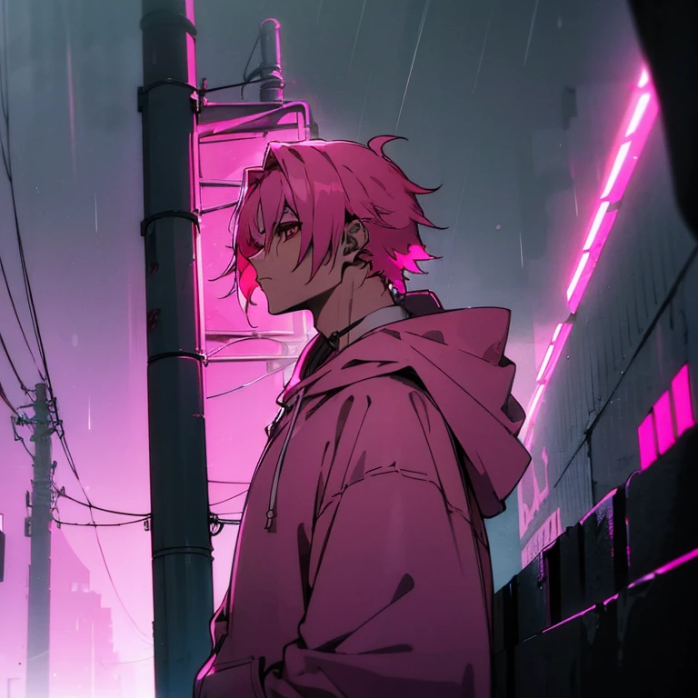 (Best quality), (masterpiece), (Super detailed), (Shortcuts), (Two-block hair), (Bright pink hair), (Red Eyes), (Cool pose), (Oversized hoodie), (Street Style), (neon), (Modern City), (neonデイライト), (Cinematic), (Stylish), (High resolution), (Hyper-detailed), (Soft Town), (Nightcore), (a handsome guy), (The natural look of the building), (IG Studio Anime Style), (Low - Angle), (visualize), (Wear headphones), (rain),