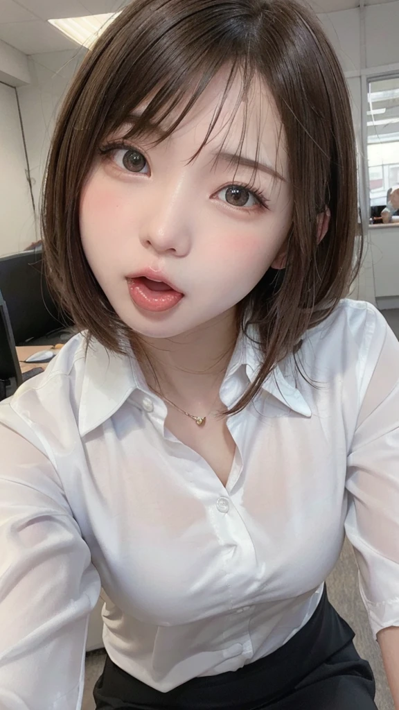 ((highest quality)), ((masterpiece)), ((Perfect Face))、21 years old,、Brown Hair、orgasm、blushed、Sweaty all over、Ahegao、office lady、Business jacket、Business Skirt、Mouth wide open、Sticking out tongue、Close ~ eyes、Face the camera、Camera angles from above、