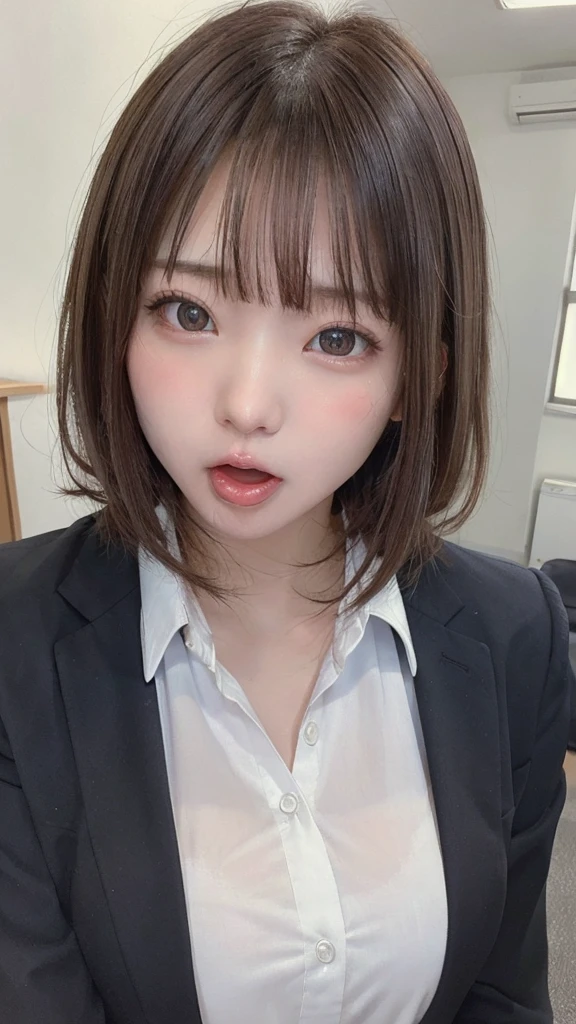 ((highest quality)), ((masterpiece)), ((Perfect Face))、21 years old,、Brown Hair、orgasm、blushed、Sweaty all over、Ahegao、office lady、Business jacket、Business Skirt、Mouth wide open、Sticking out tongue、Close ~ eyes、Face the camera、Camera angles from above、